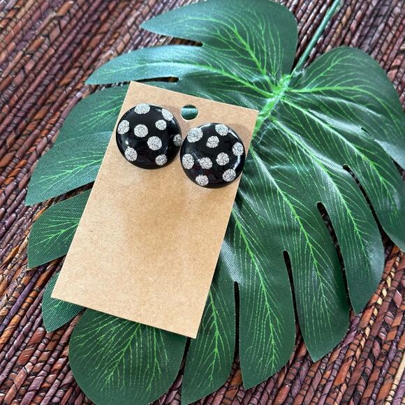 BOGO FREE BLACK SILVER GLITTER POLKA DOT BUTTON EARRINGS - Picture 1 of 4